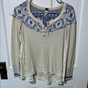 We The Free Cream and Blue Patterned top